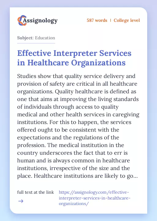 Effective Interpreter Services in Healthcare Organizations - Essay Preview