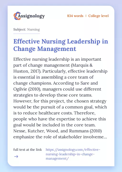 Effective Nursing Leadership in Change Management - Essay Preview