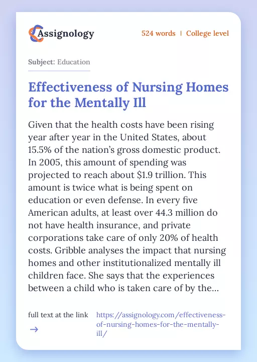 Effectiveness of Nursing Homes for the Mentally Ill - Essay Preview