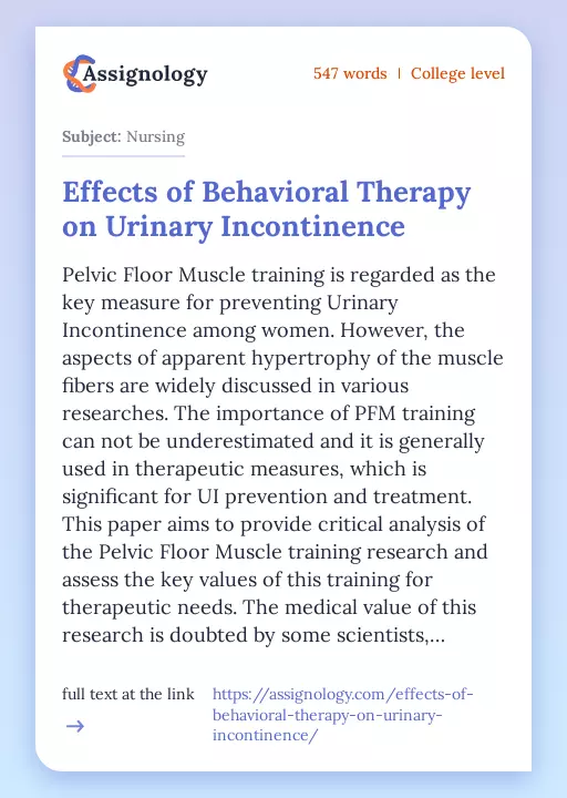 Effects of Behavioral Therapy on Urinary Incontinence - Essay Preview