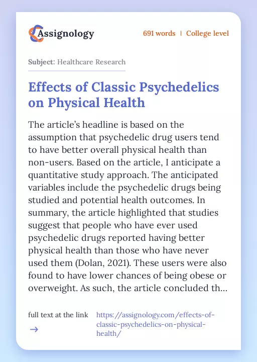 Effects of Classic Psychedelics on Physical Health - Essay Preview