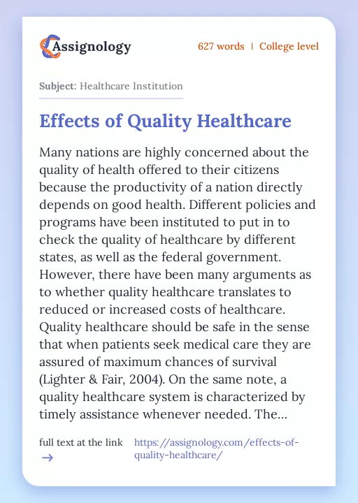 Effects of Quality Healthcare - Essay Preview