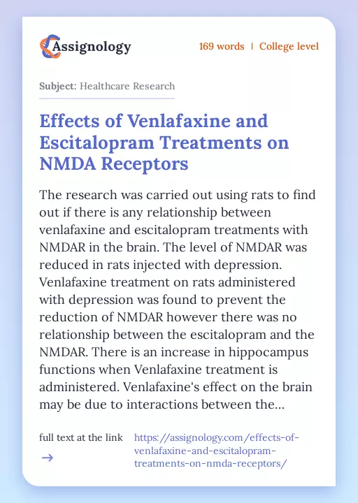 Effects of Venlafaxine and Escitalopram Treatments on NMDA Receptors - Essay Preview