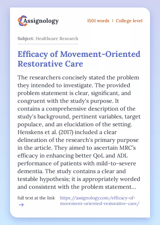 Efficacy of Movement-Oriented Restorative Care - Essay Preview