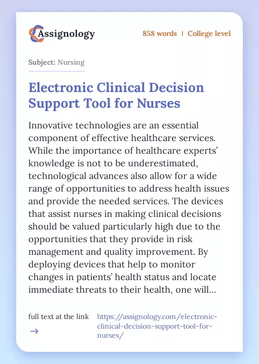 Electronic Clinical Decision Support Tool for Nurses - Essay Preview