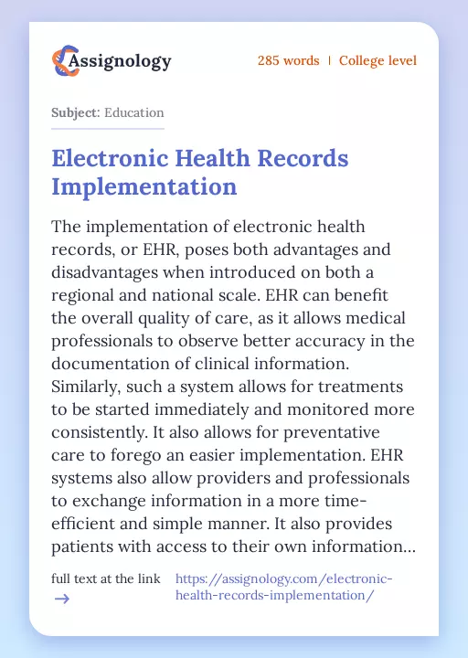 Electronic Health Records Implementation - Essay Preview