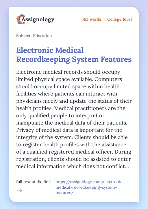 Electronic Medical Recordkeeping System Features - Essay Preview