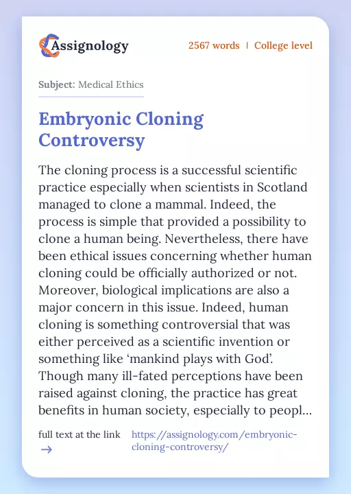Embryonic Cloning Controversy - Essay Preview