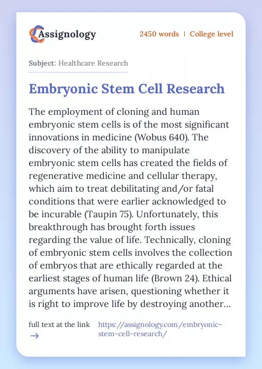 Embryonic Stem Cell Research - Essay Preview