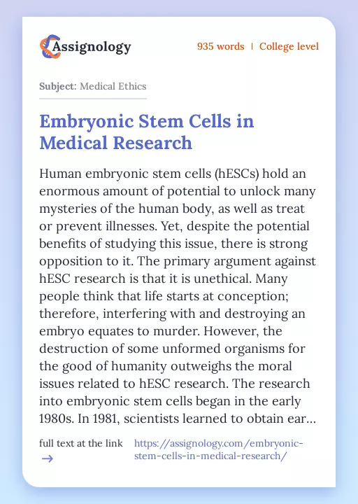 Embryonic Stem Cells in Medical Research - Essay Preview