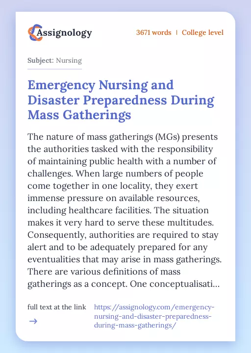 Emergency Nursing and Disaster Preparedness During Mass Gatherings - Essay Preview