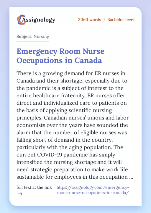 Emergency Room Nurse Occupations in Canada - Essay Preview