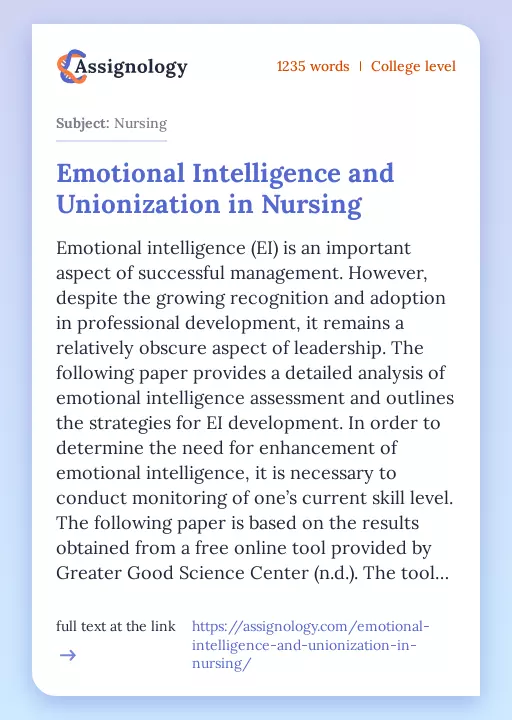 Emotional Intelligence and Unionization in Nursing - Essay Preview