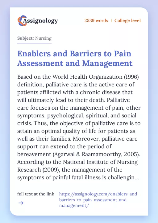 Enablers and Barriers to Pain Assessment and Management - Essay Preview