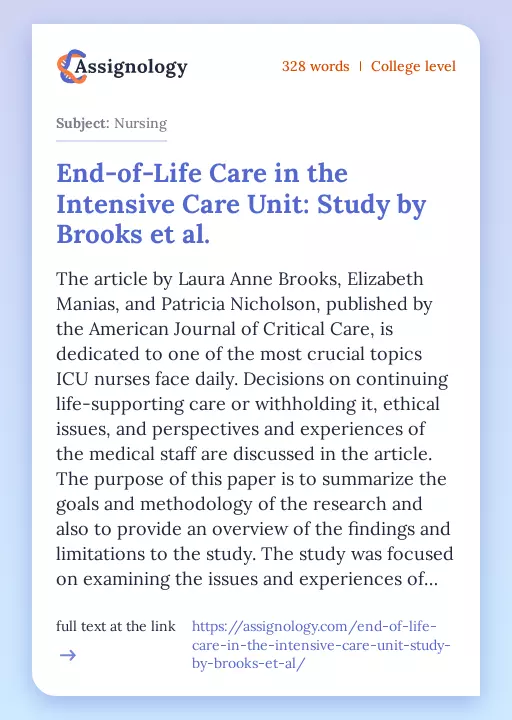 End-of-Life Care in the Intensive Care Unit: Study by Brooks et al. - Essay Preview