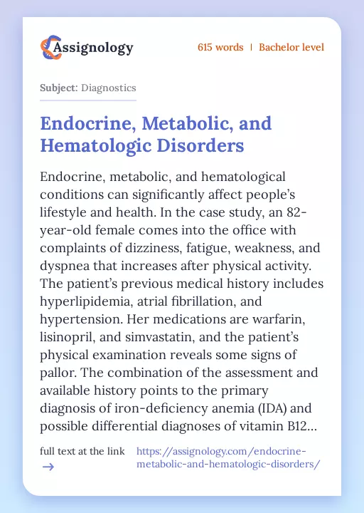 Endocrine, Metabolic, and Hematologic Disorders - Essay Preview