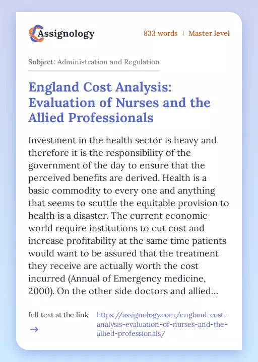 England Cost Analysis: Evaluation of Nurses and the Allied Professionals - Essay Preview
