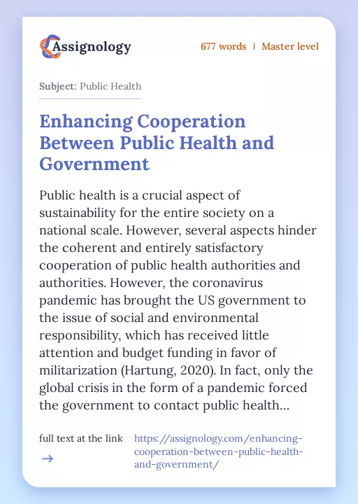 Enhancing Cooperation Between Public Health and Government - Essay Preview