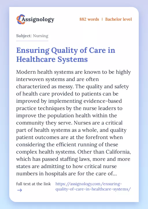 Ensuring Quality of Care in Healthcare Systems - Essay Preview