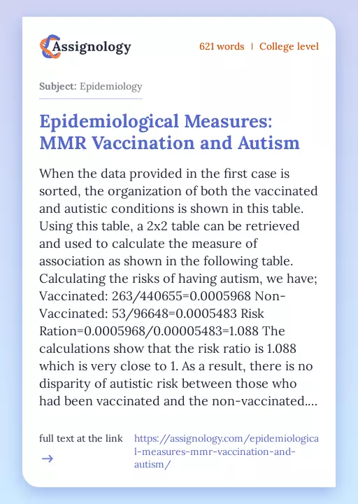 Epidemiological Measures: MMR Vaccination and Autism - Essay Preview