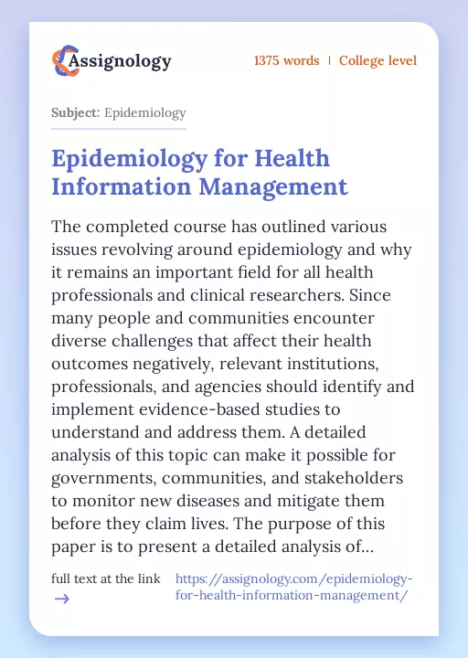 Epidemiology for Health Information Management - Essay Preview