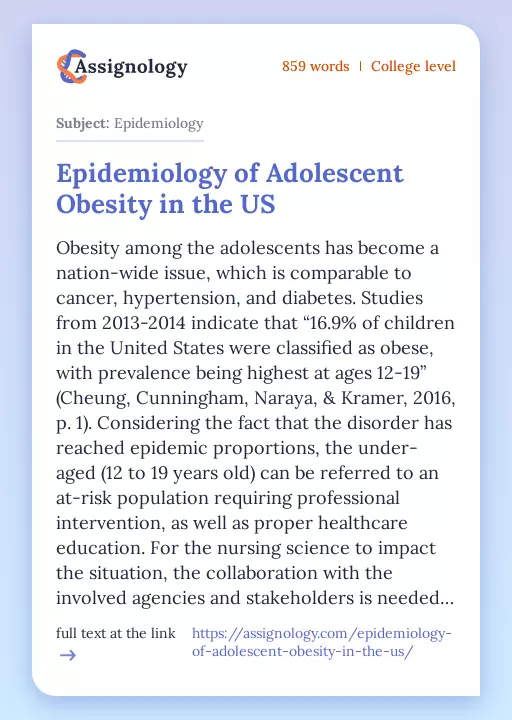 Epidemiology of Adolescent Obesity in the US - Essay Preview