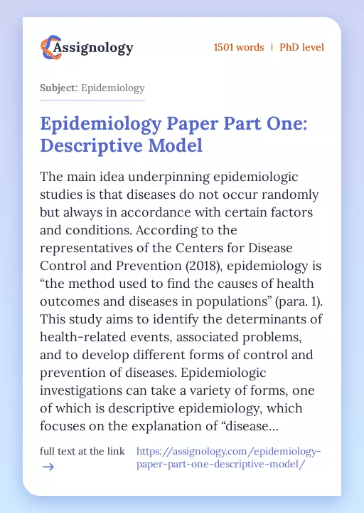 Epidemiology Paper Part One: Descriptive Model - Essay Preview