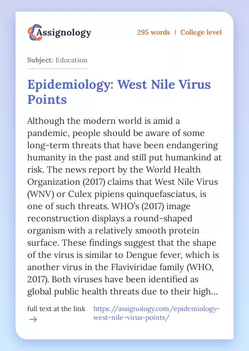 Epidemiology: West Nile Virus Points - Essay Preview