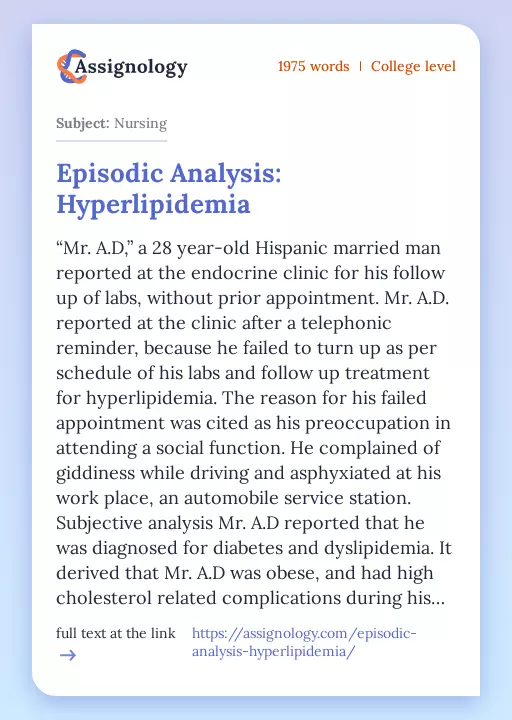 Episodic Analysis: Hyperlipidemia - Essay Preview
