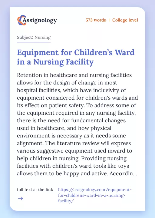 Equipment for Children’s Ward in a Nursing Facility - Essay Preview