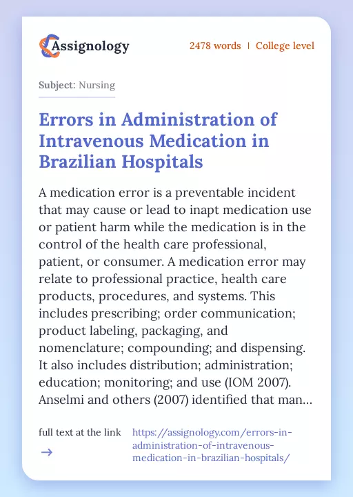 Errors in Administration of Intravenous Medication in Brazilian Hospitals - Essay Preview