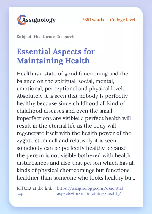 Essential Aspects for Maintaining Health - Essay Preview