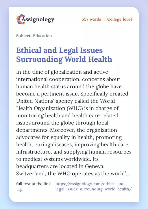 Ethical and Legal Issues Surrounding World Health - Essay Preview
