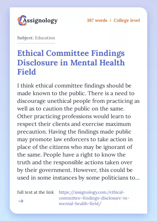 Ethical Committee Findings Disclosure in Mental Health Field - Essay Preview