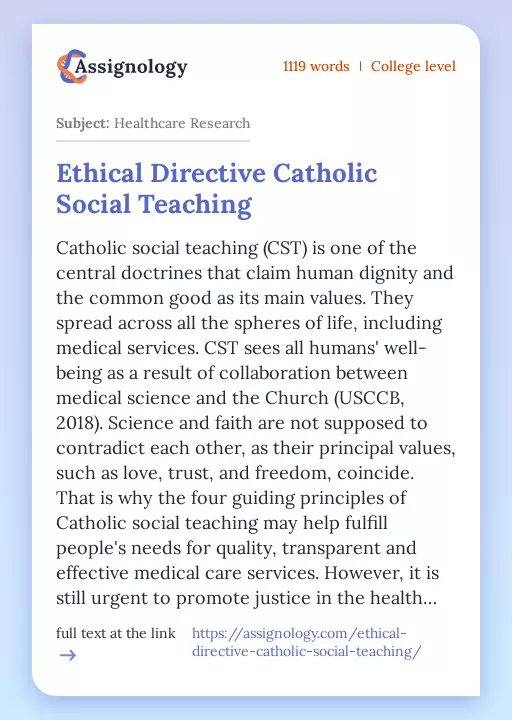Ethical Directive Catholic Social Teaching - Essay Preview