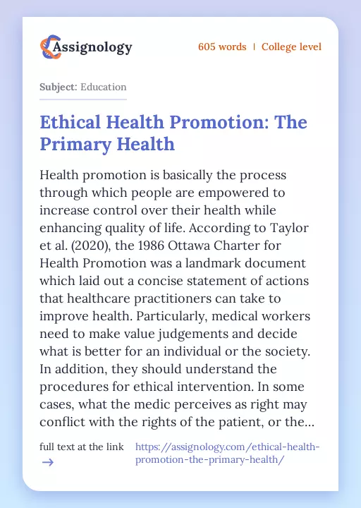 Ethical Health Promotion: The Primary Health - Essay Preview
