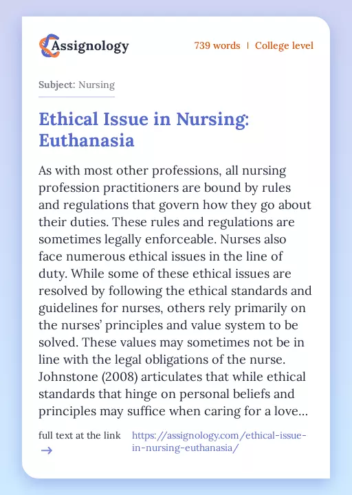 Ethical Issue in Nursing: Euthanasia - Essay Preview