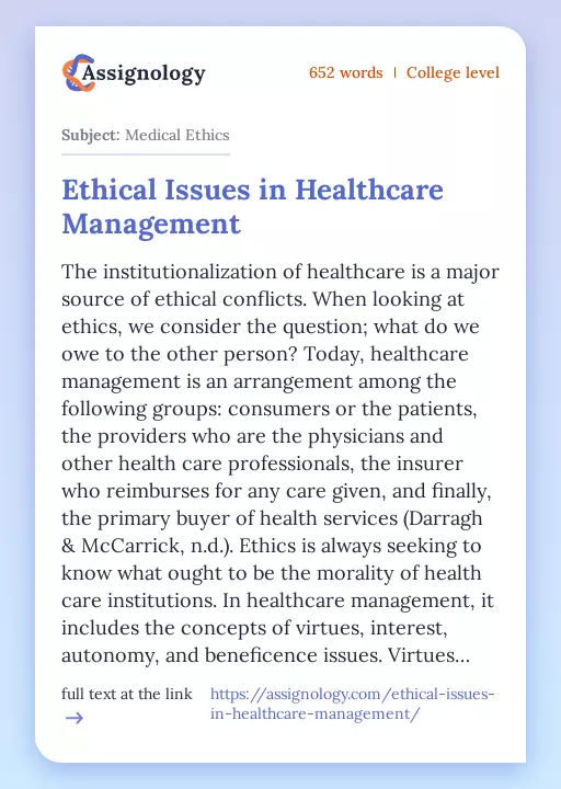 Ethical Issues in Healthcare Management - Essay Preview