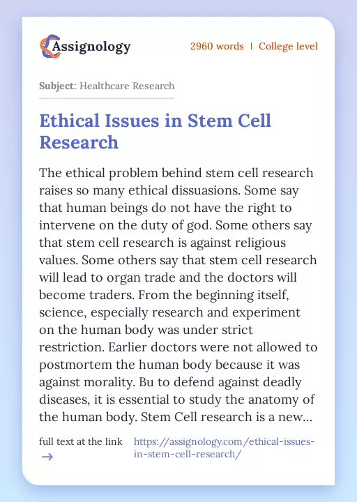 Ethical Issues in Stem Cell Research - Essay Preview