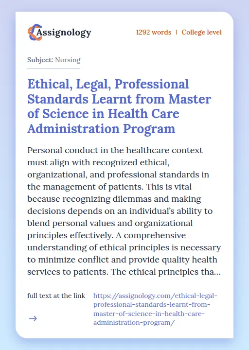 Ethical, Legal, Professional Standards Learnt from Master of Science in Health Care Administration Program - Essay Preview