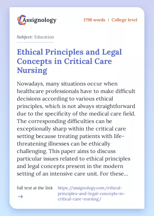Ethical Principles and Legal Concepts in Critical Care Nursing - Essay Preview
