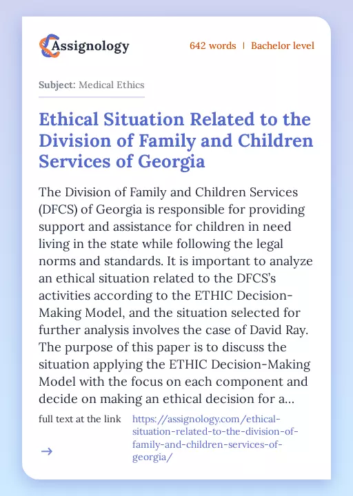 Ethical Situation Related to the Division of Family and Children Services of Georgia - Essay Preview