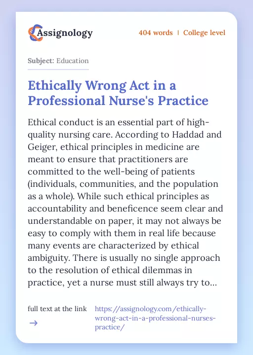 Ethically Wrong Act in a Professional Nurse's Practice - Essay Preview