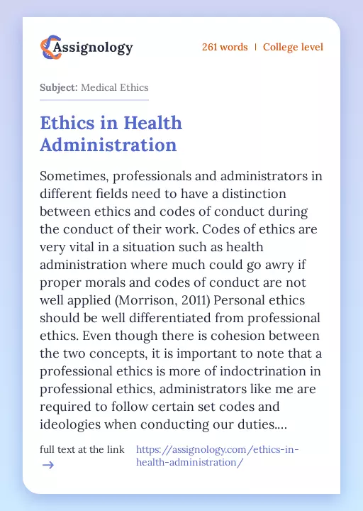 Ethics in Health Administration - Essay Preview
