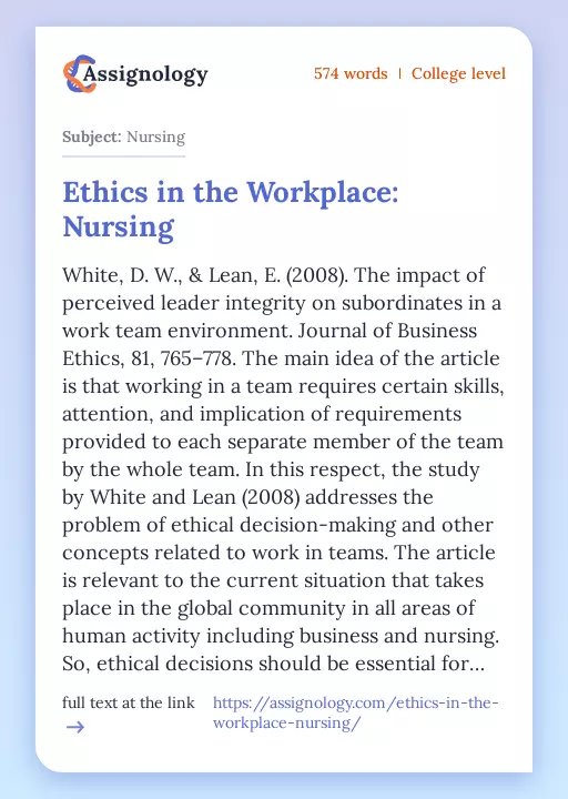Ethics in the Workplace: Nursing - Essay Preview