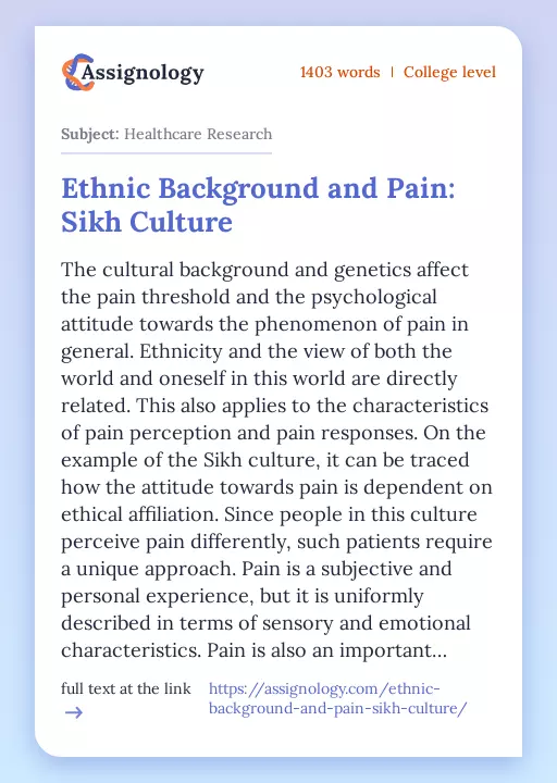 Ethnic Background and Pain: Sikh Culture - Essay Preview