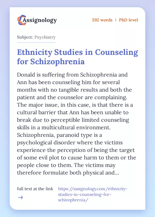 Ethnicity Studies in Counseling for Schizophrenia - Essay Preview
