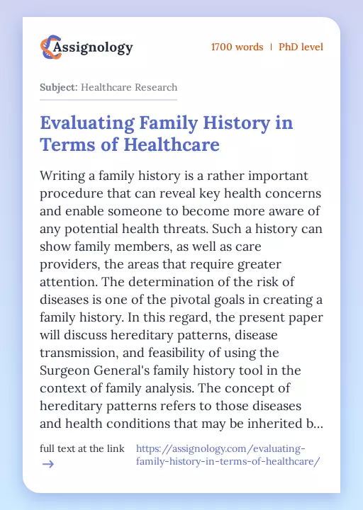 Evaluating Family History in Terms of Healthcare - Essay Preview