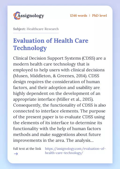 Evaluation of Health Care Technology - Essay Preview