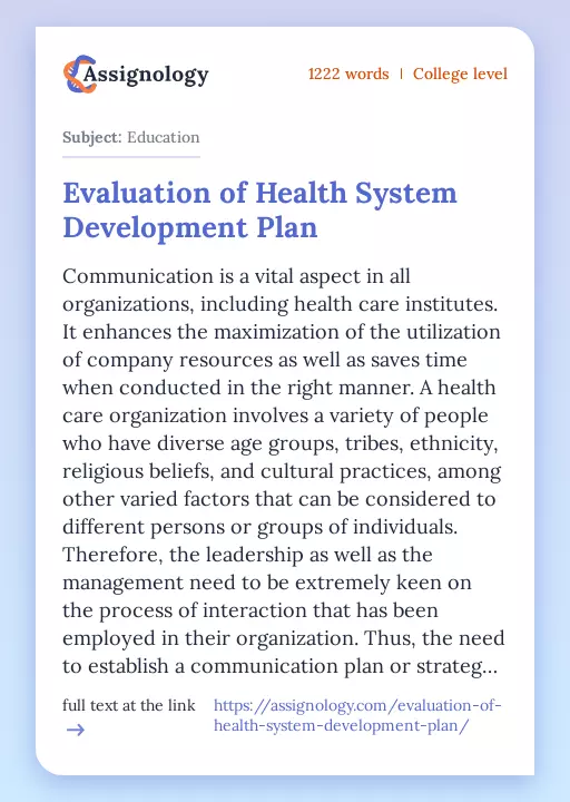 Evaluation of Health System Development Plan - Essay Preview